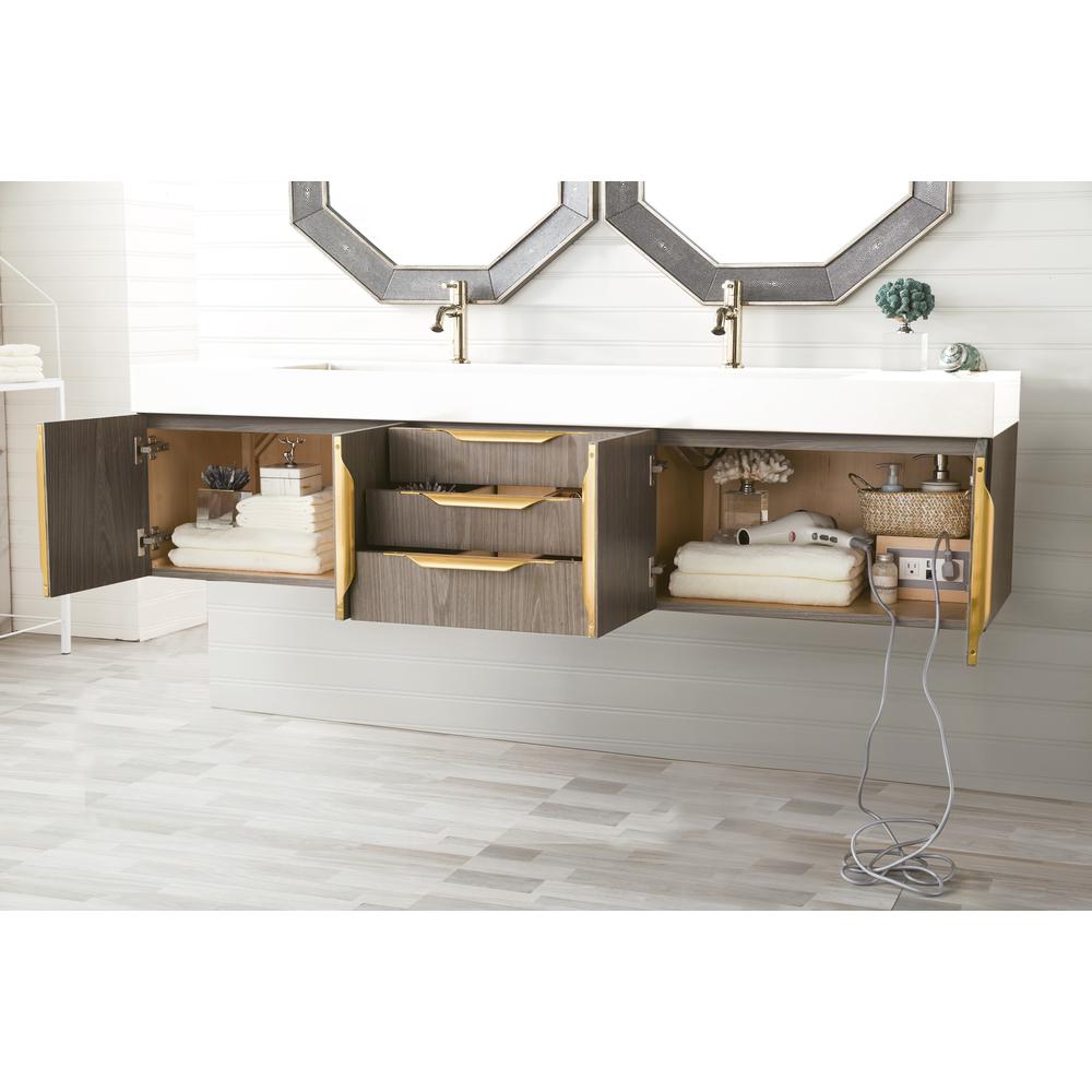 72" Double Vanity, Ash Gray, Radiant Gold w/ Glossy White Composite Top. Picture 5