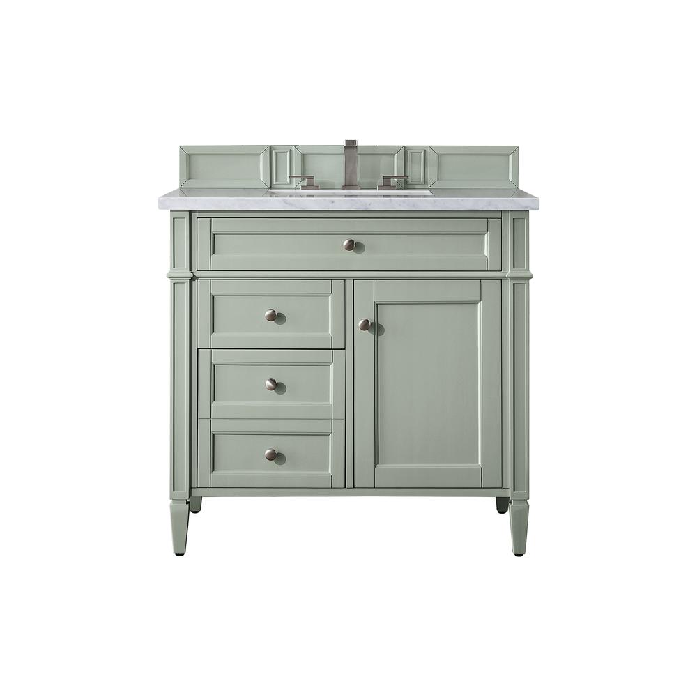 Brittany 36" Sage Green Single Vanity w/ 3 CM Carrara Marble Top. Picture 1