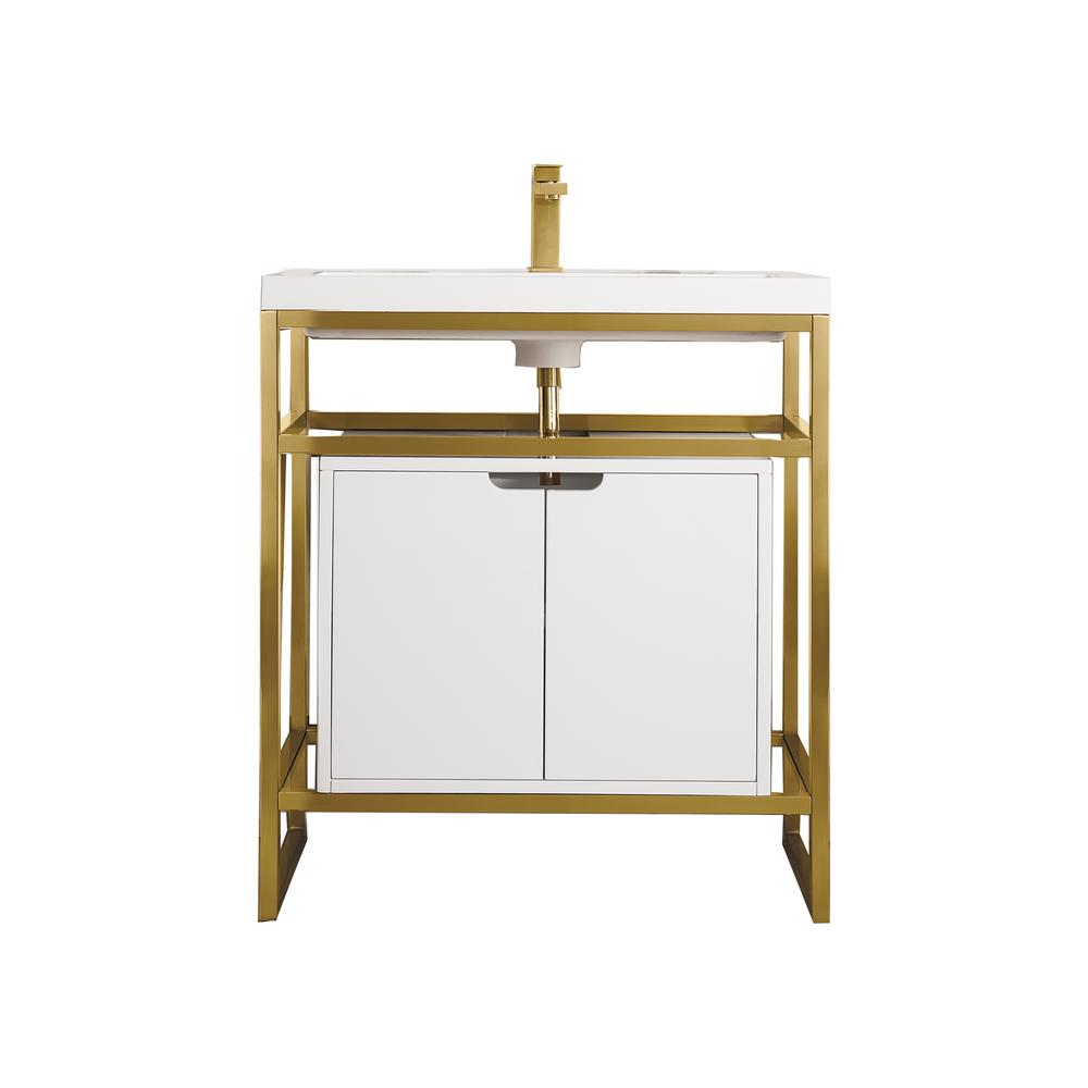 31.5" Sink Console, Radiant Gold Glossy White Storage Cabinet, White Countertop. Picture 1