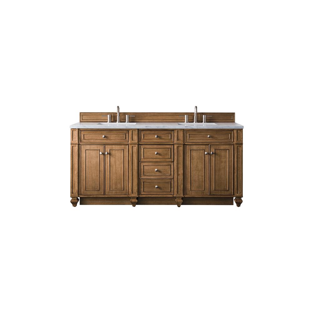 Bristol 72" Double Vanity, Saddle Brown, w/ 3 CM Arctic Fall Solid Surface Top. Picture 1