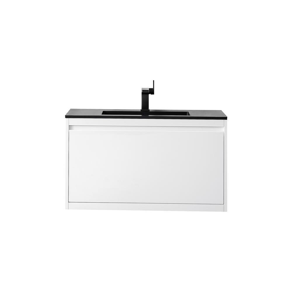 Milan 35.4" Single Vanity Cabinet, Glossy White w/Charcoal Black Composite Top. Picture 1