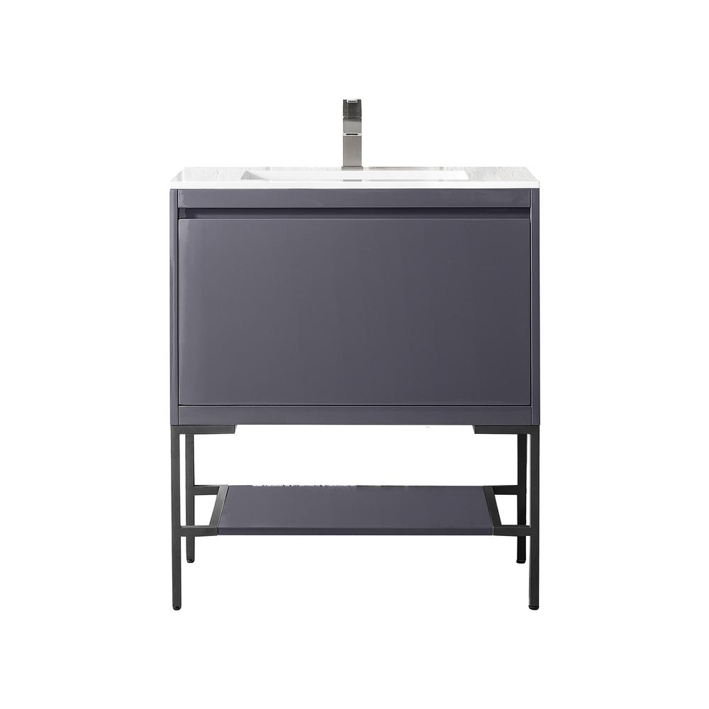 31.5" Single Vanity Cabinet, Modern Grey Glossy, Matte Black Composite Top. Picture 1
