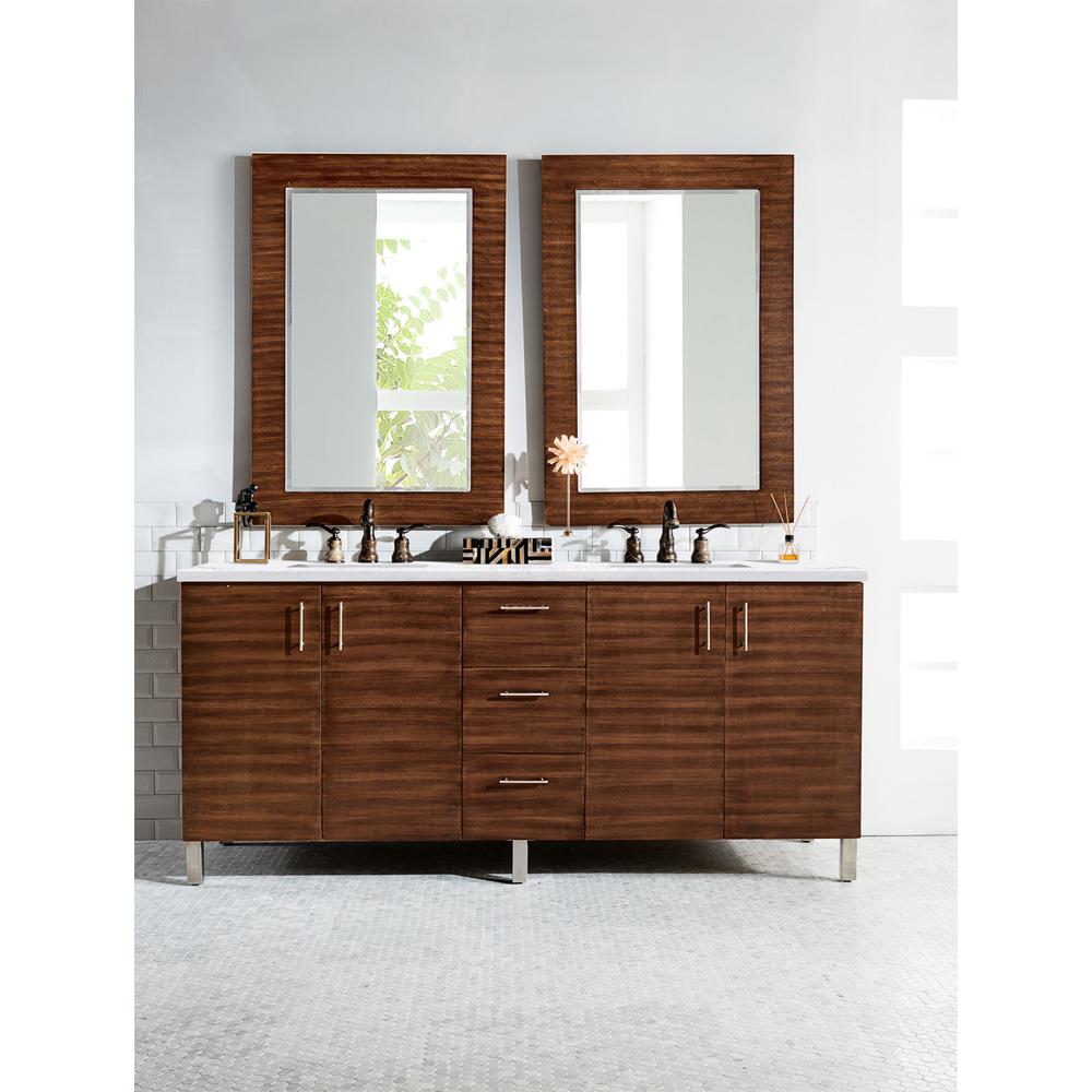 72" American Walnut Double Vanity w/ 3 CM Arctic Fall Solid Surface Top. Picture 2