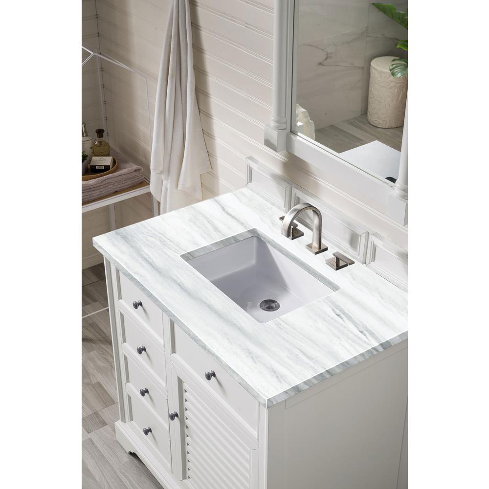 Savannah 36" Bright White Single Vanity w/ 3 CM Arctic Fall Solid Surface Top. Picture 3
