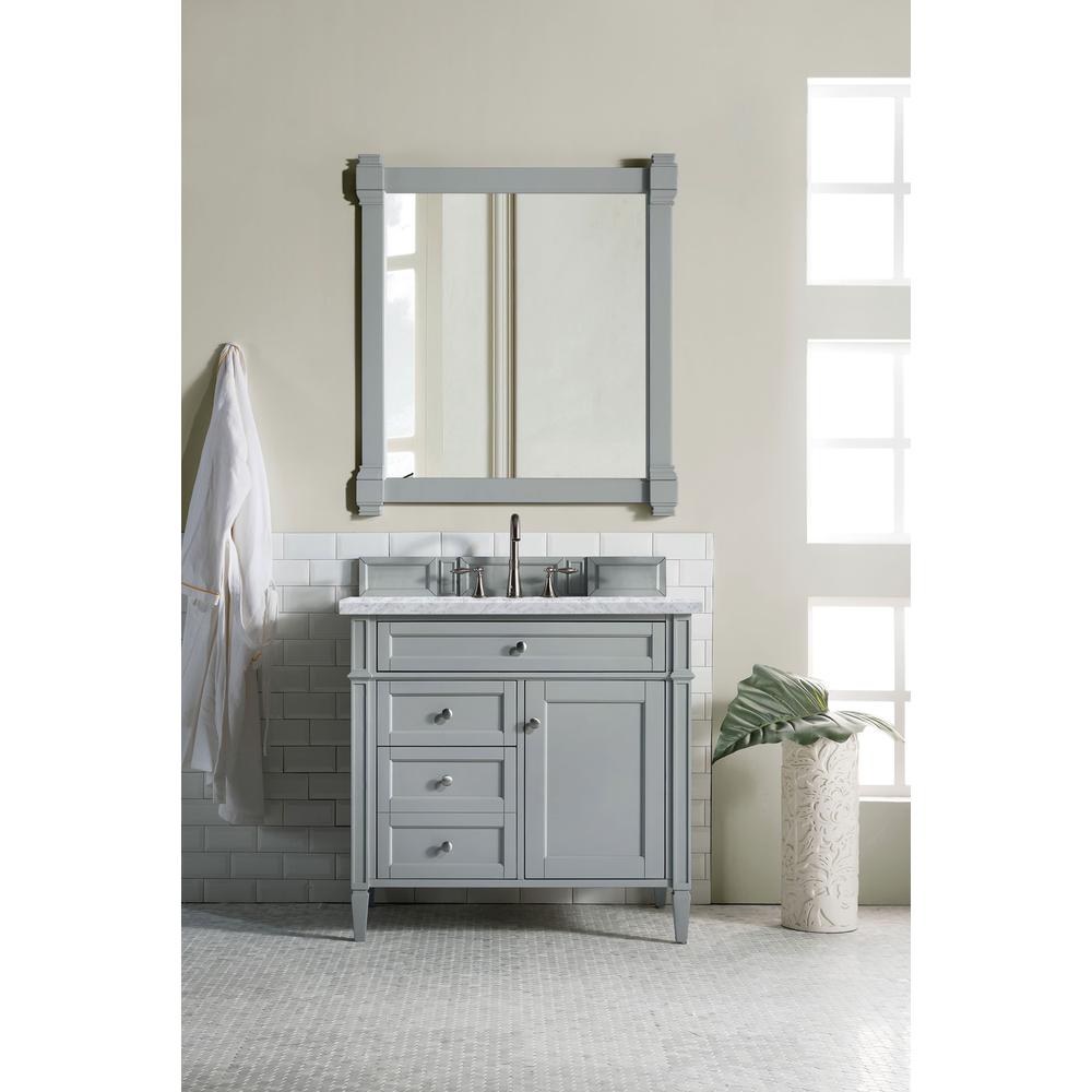 Brittany 36" Urban Gray Single Vanity w/ 3 CM Carrara Marble Top. Picture 2