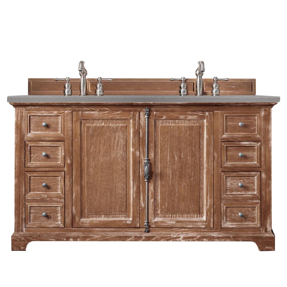 Providence 60" Double Vanity Cabinet, Driftwood, w/ 3 CM Grey Expo Quartz Top. Picture 1