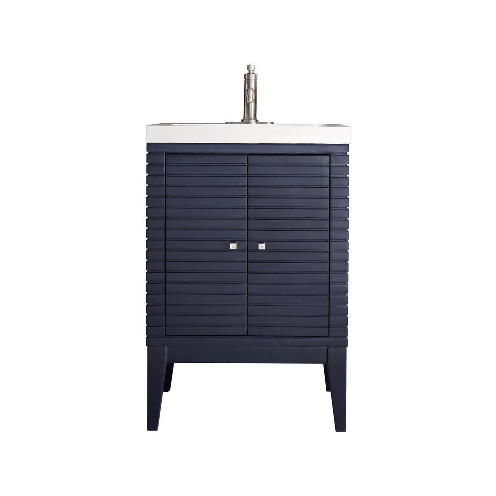 Linden 24" Single Vanity Cabinet, Navy Blue w/ White Glossy Composite Countertop. Picture 1