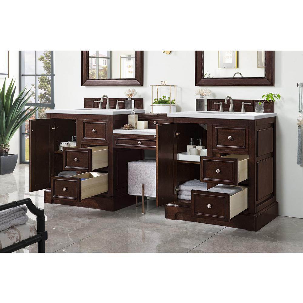 82" Double Vanity Set, Burnished Mahogany w/ Makeup Table, Solid Surface Top. Picture 6