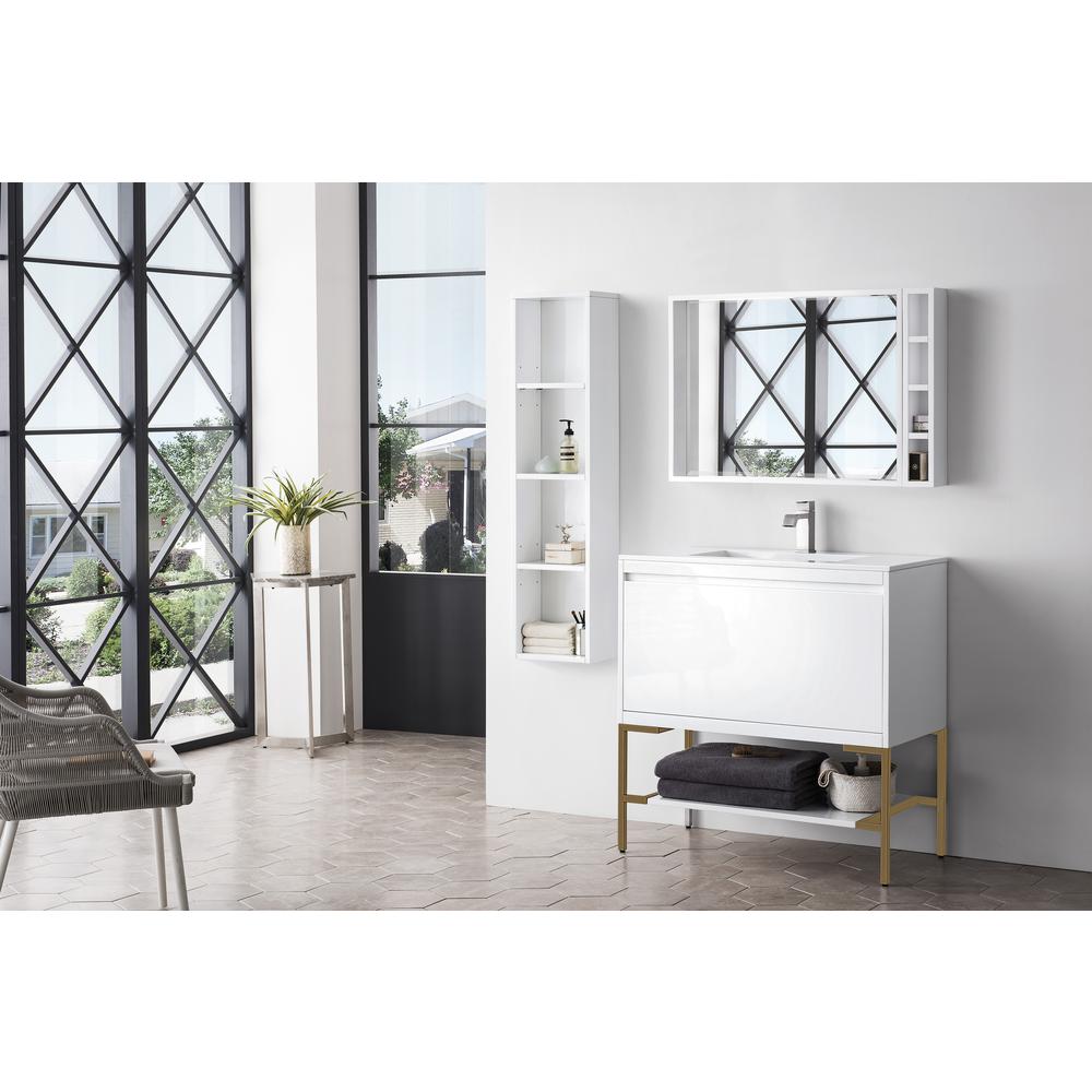35.4" Single Vanity Cabinet, Glossy White, Radiant Gold Composite Top. Picture 3