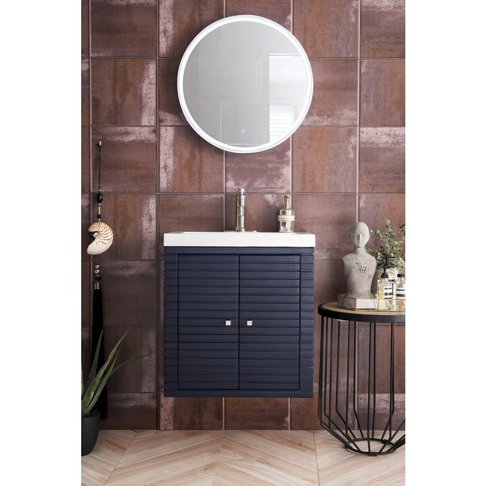 Linden 24" Single Vanity Cabinet, Navy Blue w/ White Glossy Composite Countertop. Picture 11