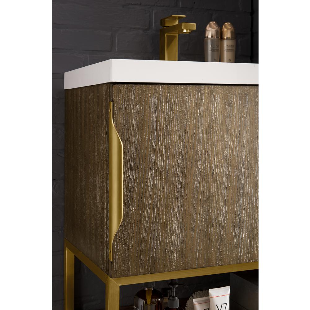 24" Single Vanity, Latte Oak, Radiant Gold w/ White Glossy Composite Countertop. Picture 6