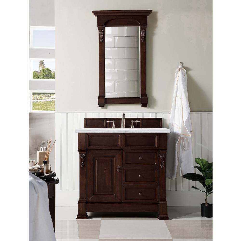 36" Single Vanity, Burnished Mahogany w/ 3 CM Arctic Fall Solid Surface Top. Picture 2