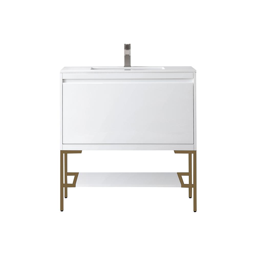 35.4" Single Vanity Cabinet, Glossy White, Radiant Gold Composite Top. Picture 1