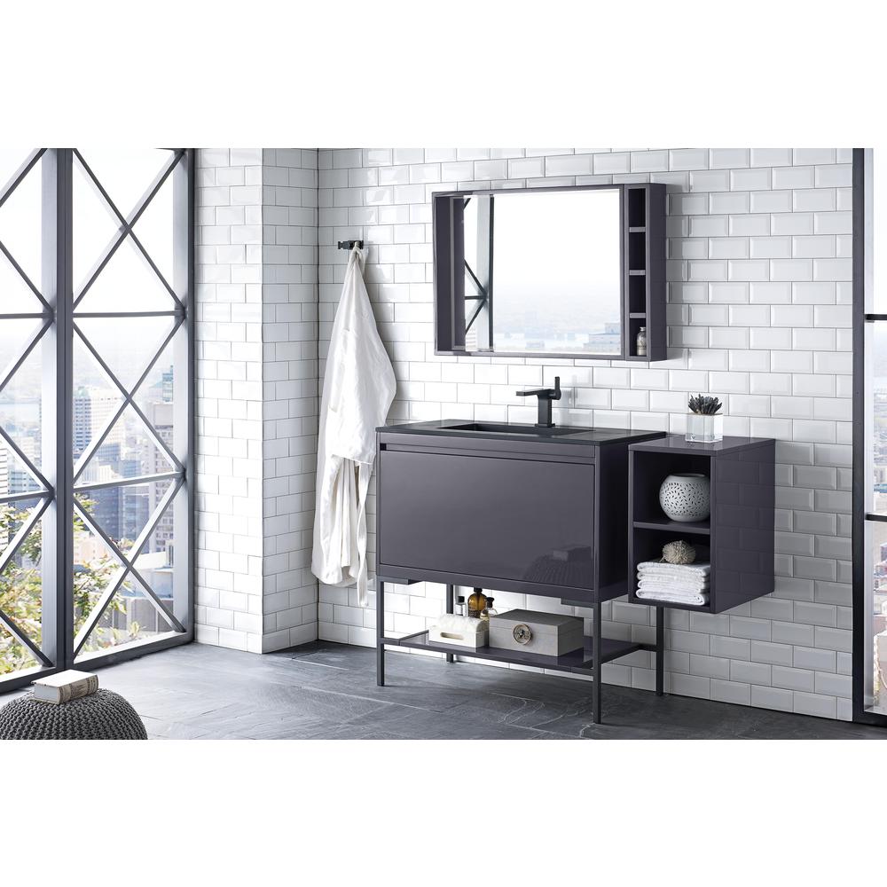 35.4" Single Vanity Cabinet, Modern Grey Glossy, Matte Black Composite Top. Picture 3