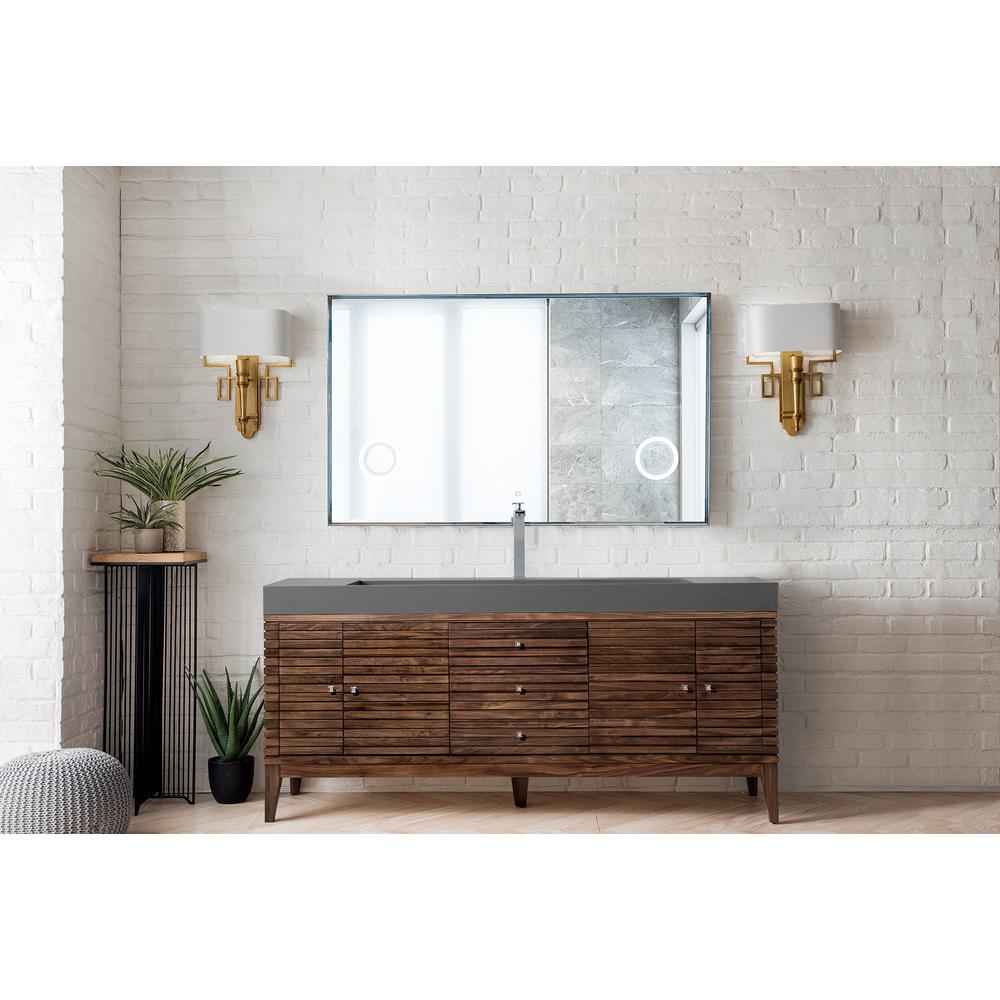 Linear 72" Single Vanity, Mid Century Walnut w/ Dusk Grey Glossy Composite Top. Picture 2
