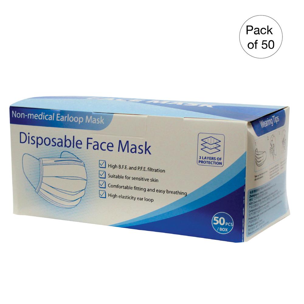 Blue Disposable Face Masks, Non-Medical, 3-Ply (Pack of 50). Picture 2