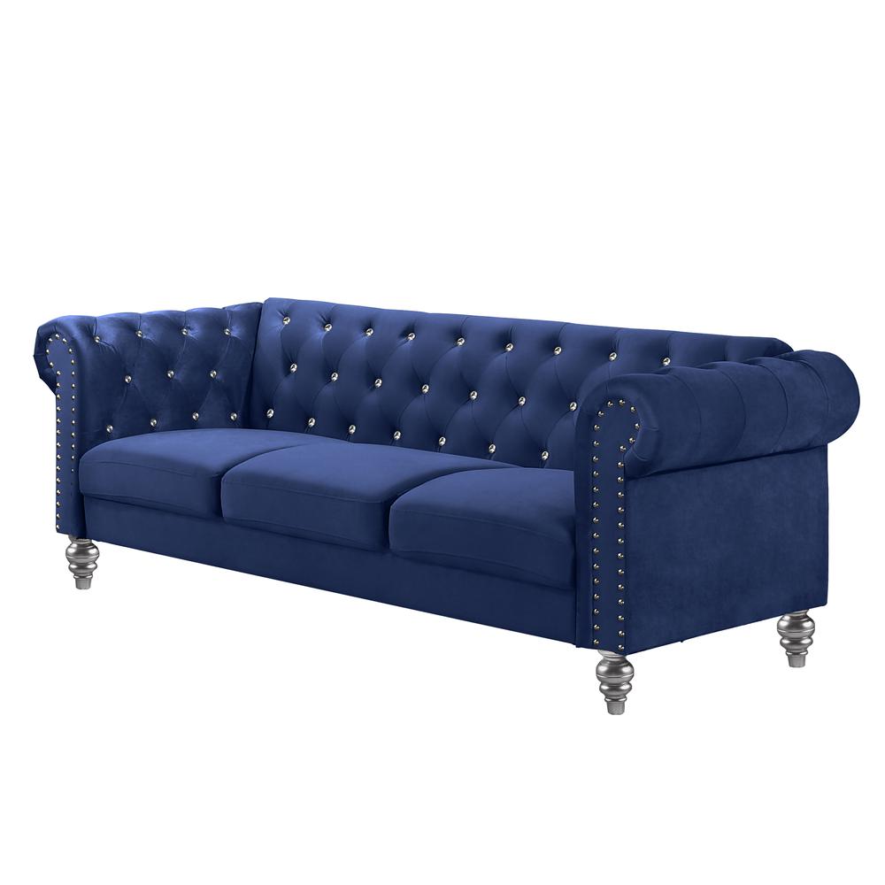 Furniture Emma Velvet Fabric Sofa with Rolled Arms in Royal Blue. Picture 3
