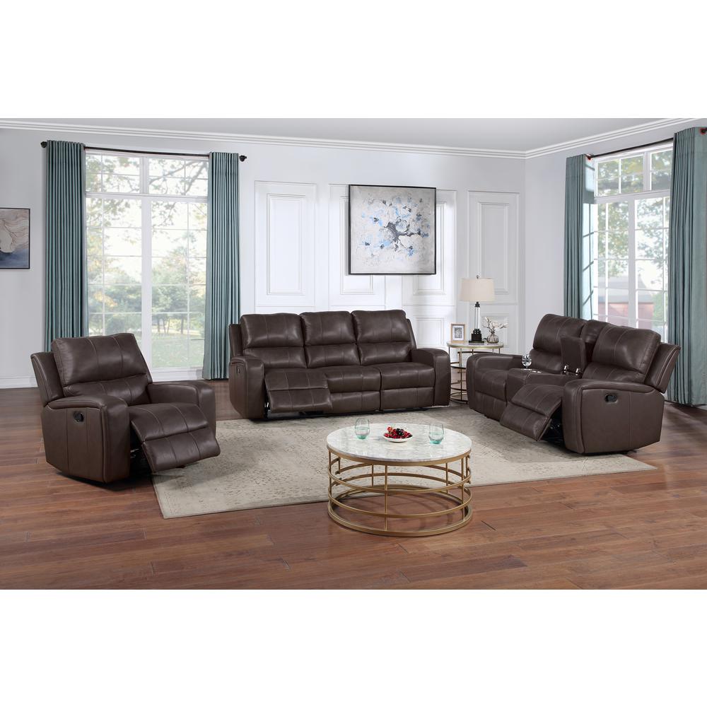 Linton Leather Console Loveseat W/ Dual Recliners-Brown. Picture 1