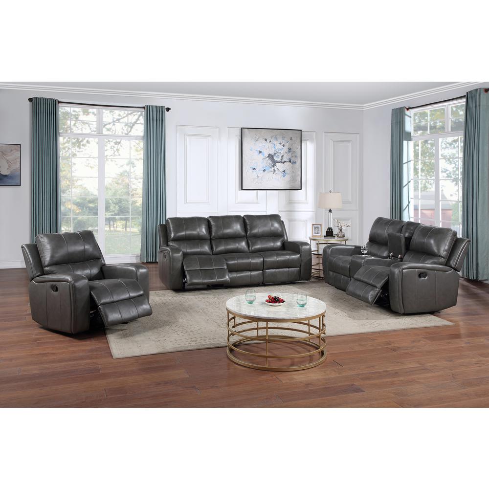 Linton Leather Console Loveseat W/ Dual Recliners-Gray. Picture 8