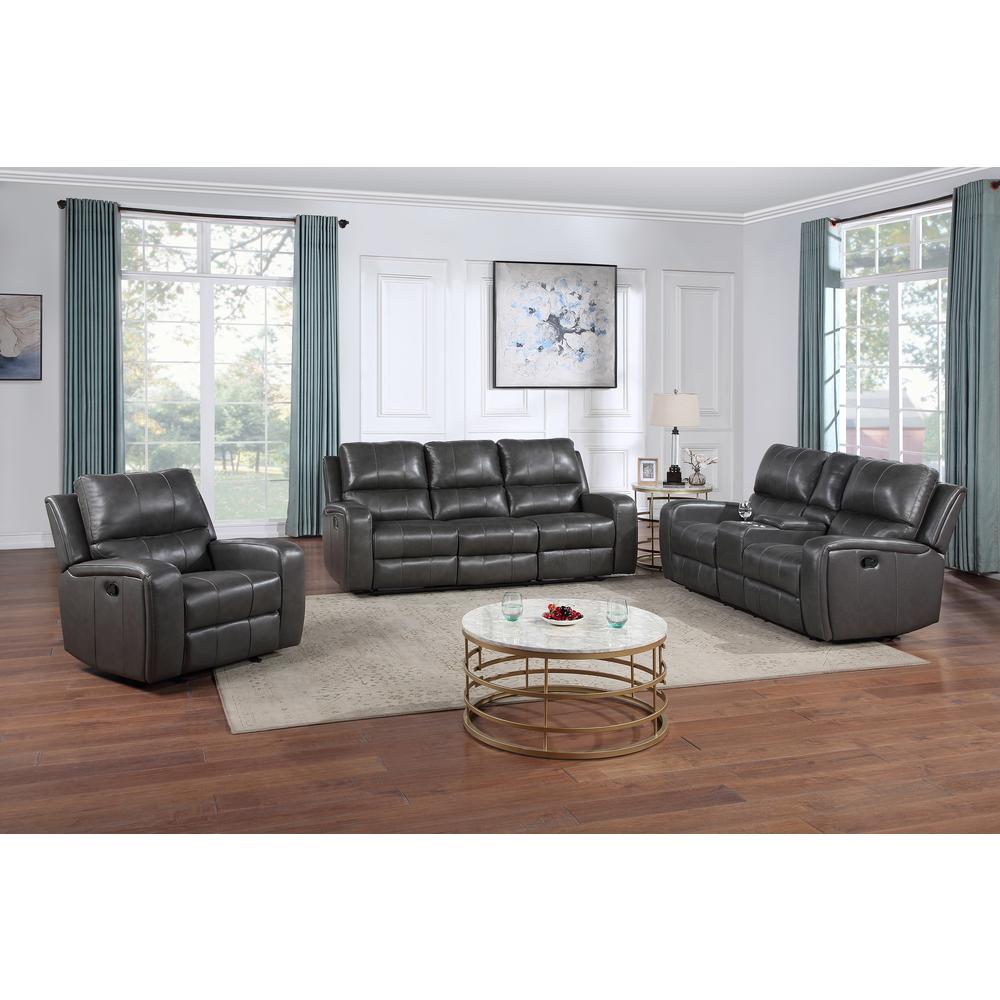Linton Leather Console Loveseat W/ Dual Recliners-Gray. Picture 9