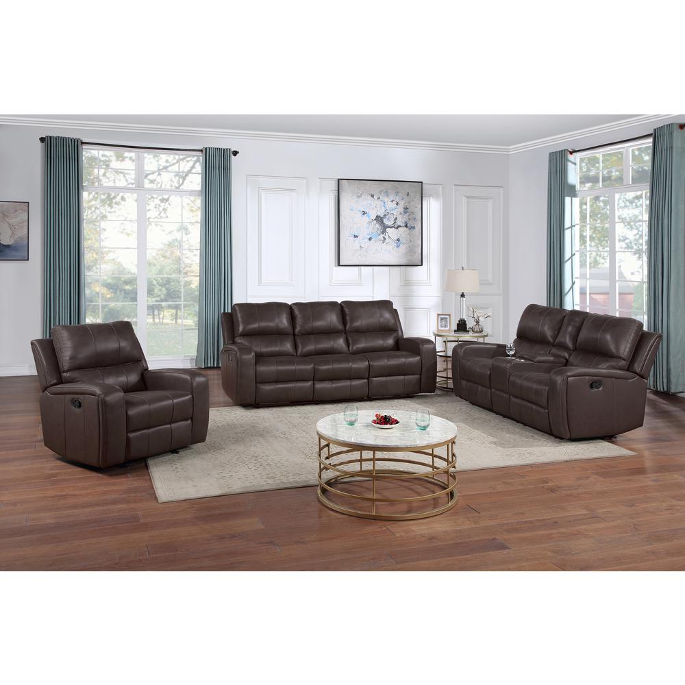 Linton Leather Console Loveseat W/ Dual Recliners-Brown. Picture 2
