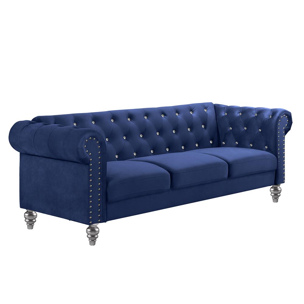 Furniture Emma Velvet Fabric Sofa with Rolled Arms in Royal Blue. Picture 1