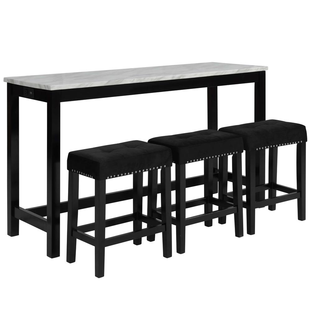 Furniture Celeste 4-Piece Faux Marble & Wood Bar Set in Black. Picture 1