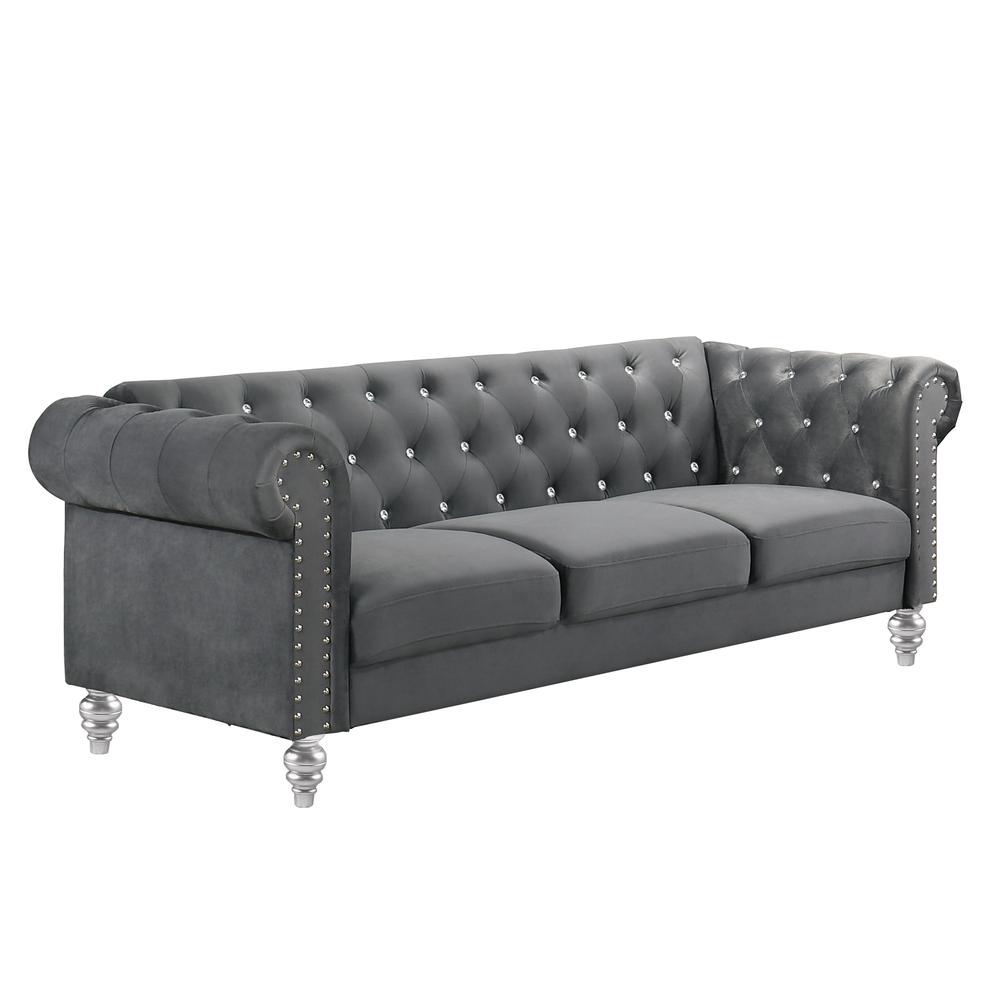 Furniture Emma Velvet Fabric Sofa with Rolled Arms in Gray. Picture 1