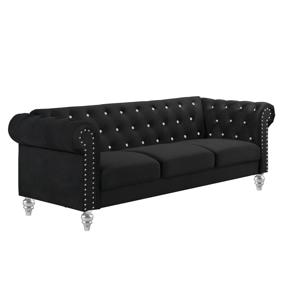 Furniture Emma Velvet Fabric Sofa with Rolled Arms in Black. Picture 1