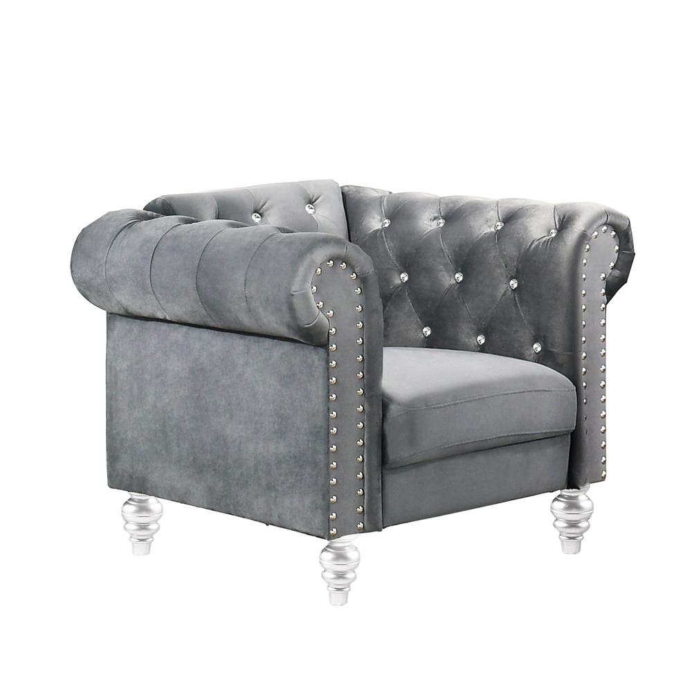 Furniture Emma Velvet Fabric Chair with Rolled Arms in Gray. Picture 1