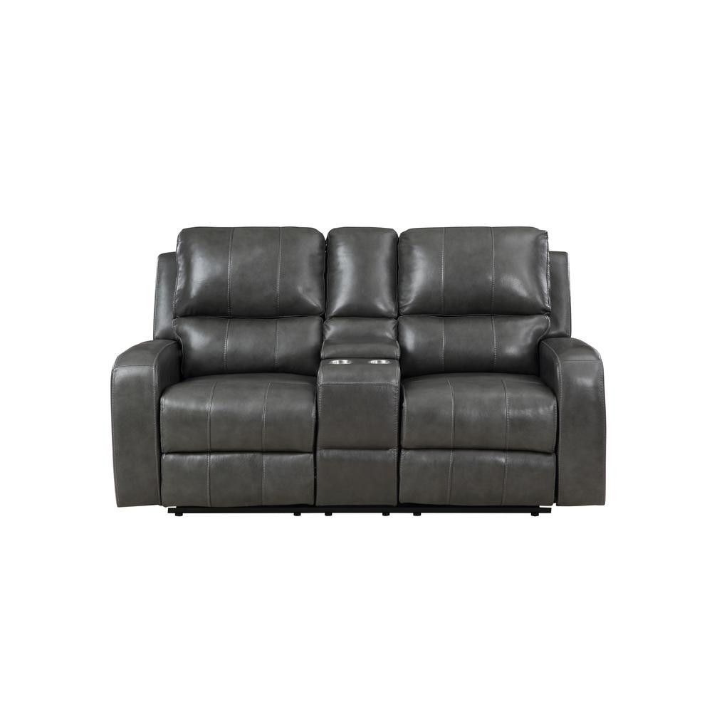 Linton Leather Console Loveseat W/ Dual Recliners-Gray. Picture 2