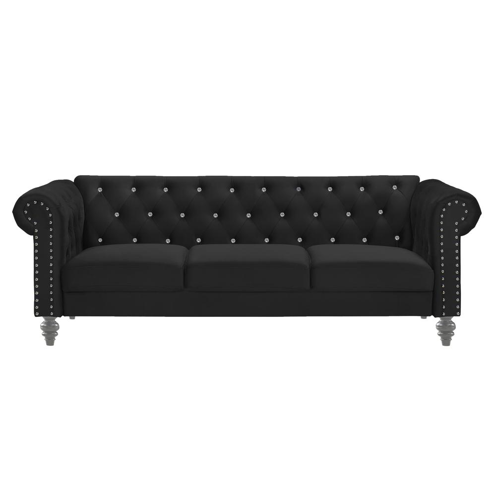 Furniture Emma Velvet Fabric Sofa with Rolled Arms in Black. Picture 2
