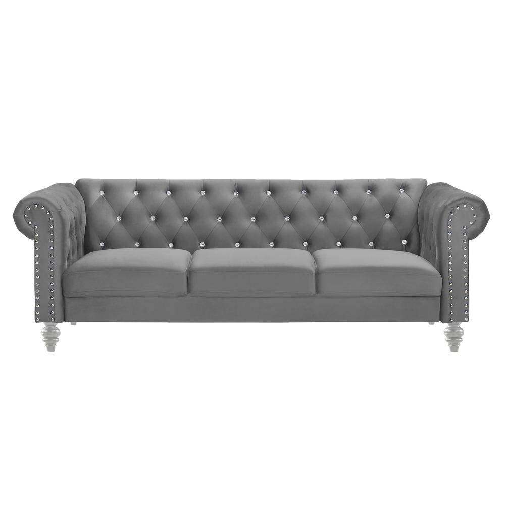 Furniture Emma Velvet Fabric Sofa with Rolled Arms in Gray. Picture 2