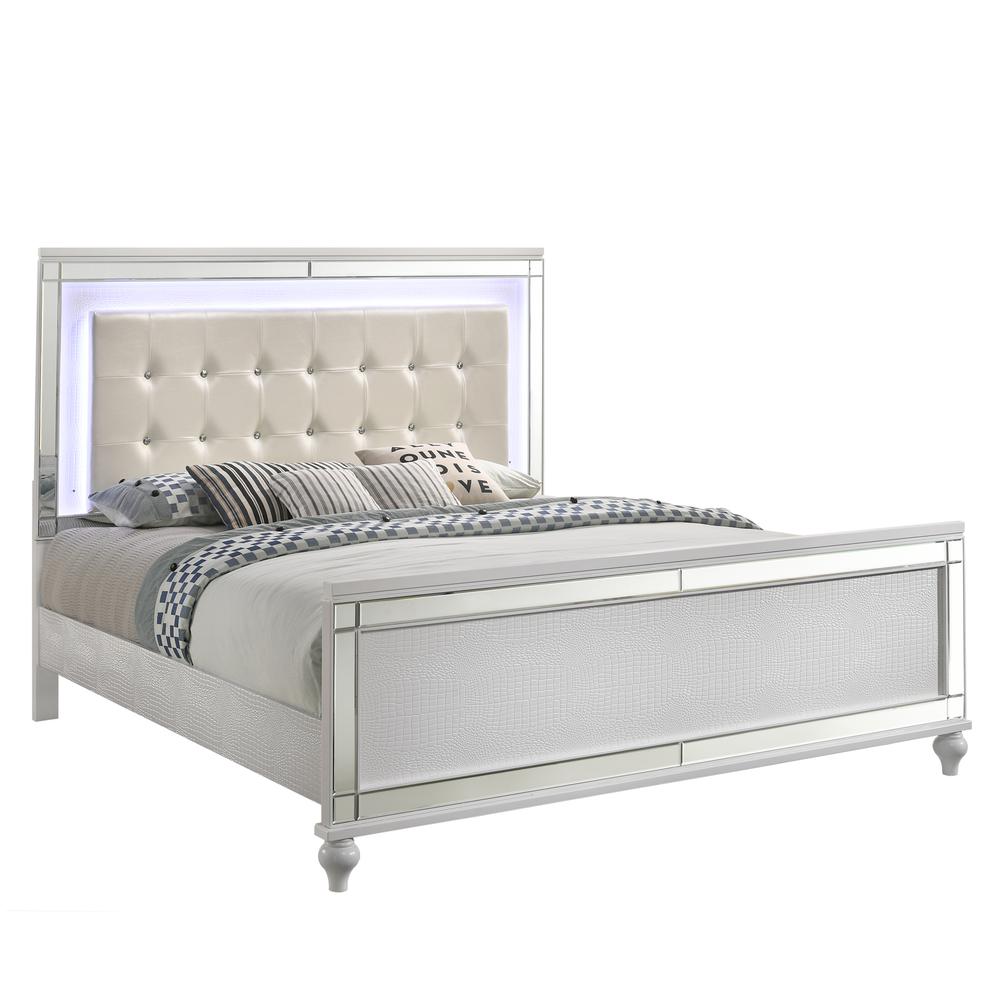 Furniture Valentine Solid Wood Queen Size Lighted Bed in White. Picture 1