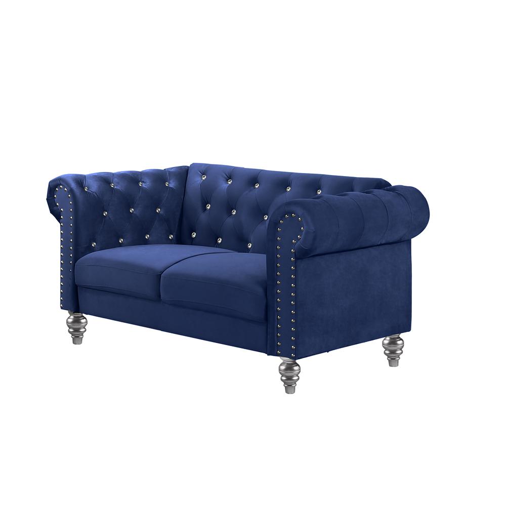 Furniture Emma Velvet Fabric Loveseat with Rolled Arms in Royal Blue. Picture 3