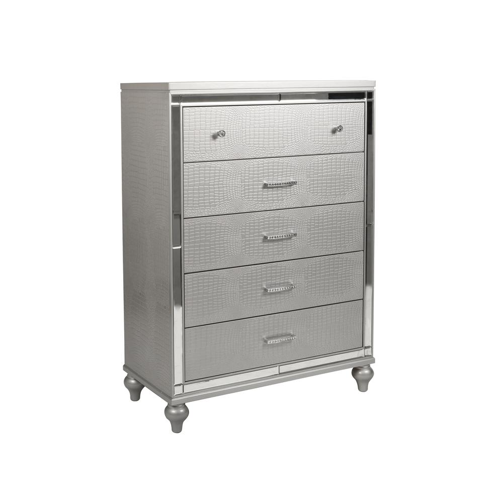 Furniture Valentine Solid Wood Chest with 5 Drawers in Silver. Picture 1
