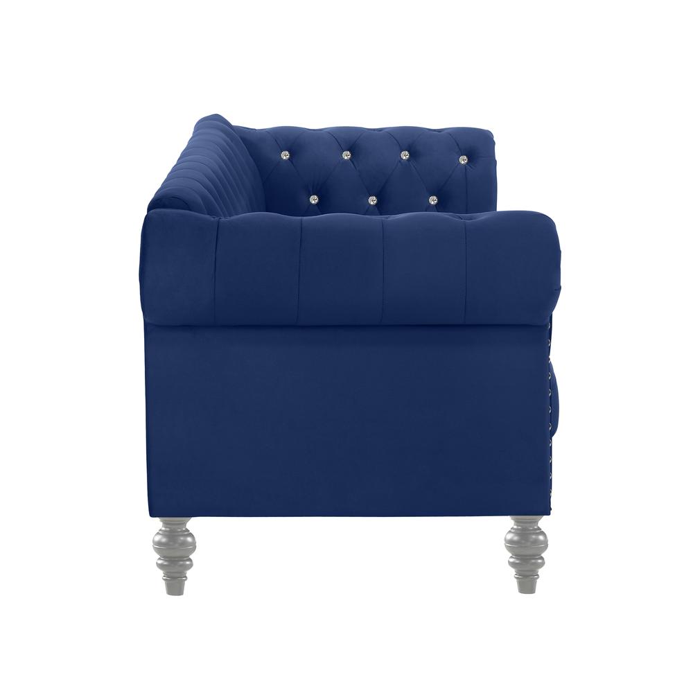 Furniture Emma Velvet Fabric Loveseat with Rolled Arms in Royal Blue. Picture 4