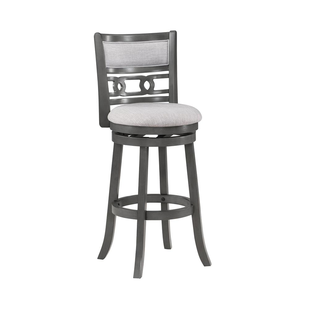 Gia 29" Solid Wood Swivel Bar Stool with Fabric Seat in Gray. Picture 1