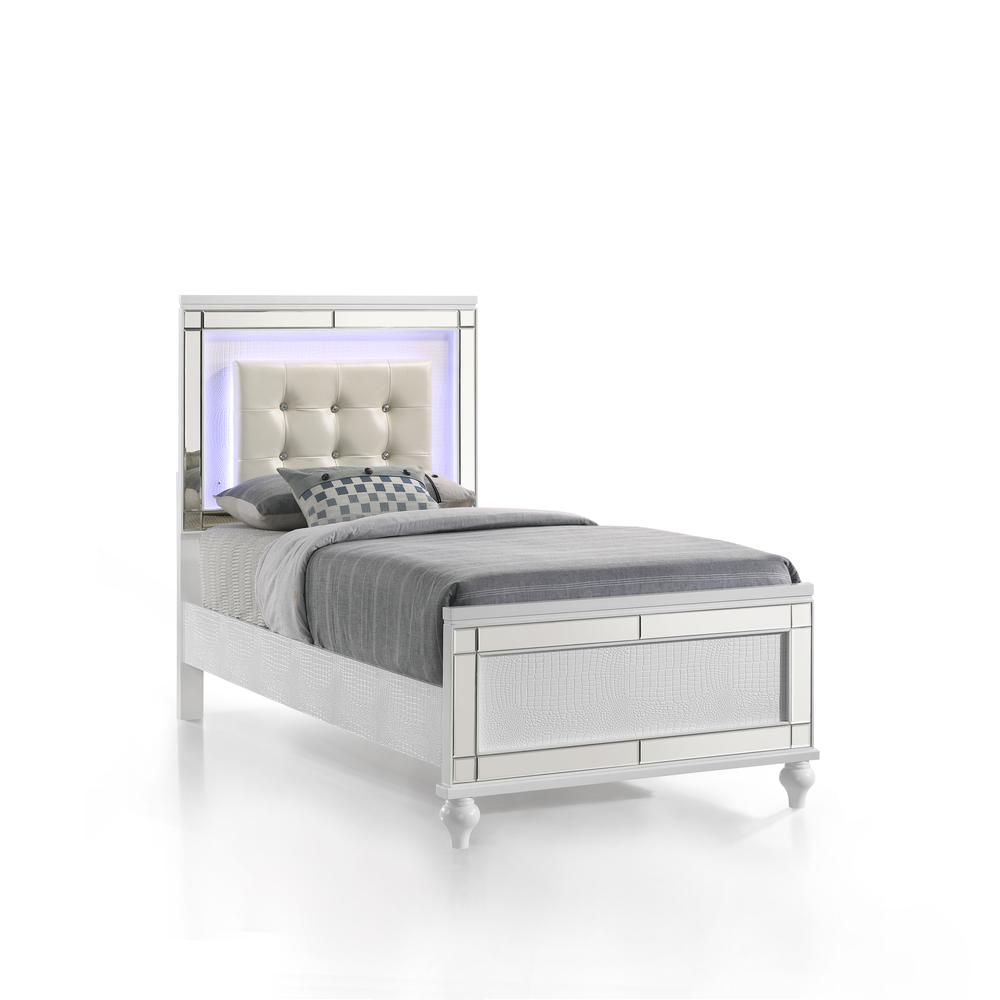 Furniture Valentine Solid Wood Twin Size Lighted Bed in White. Picture 1