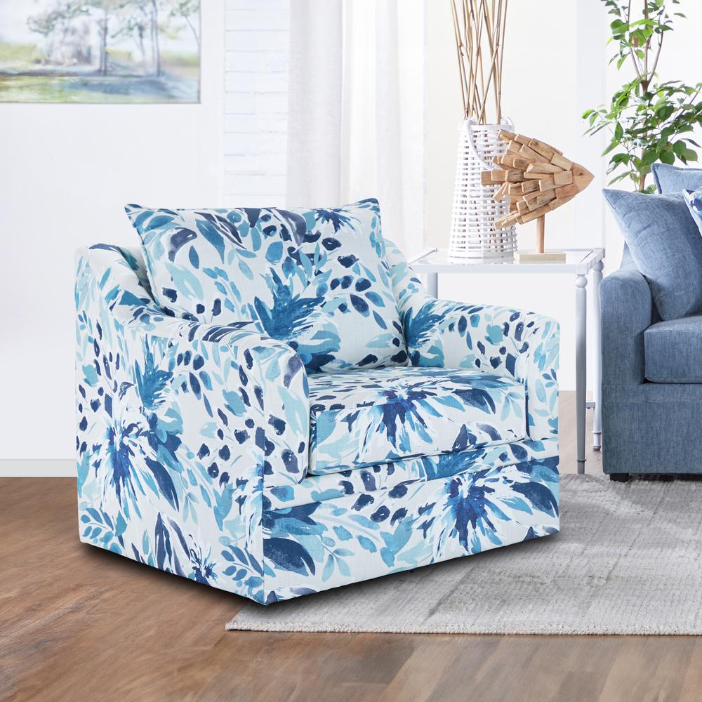 Sylvie Blue and White Polyester Fabric Accent Swivel Chair. Picture 4