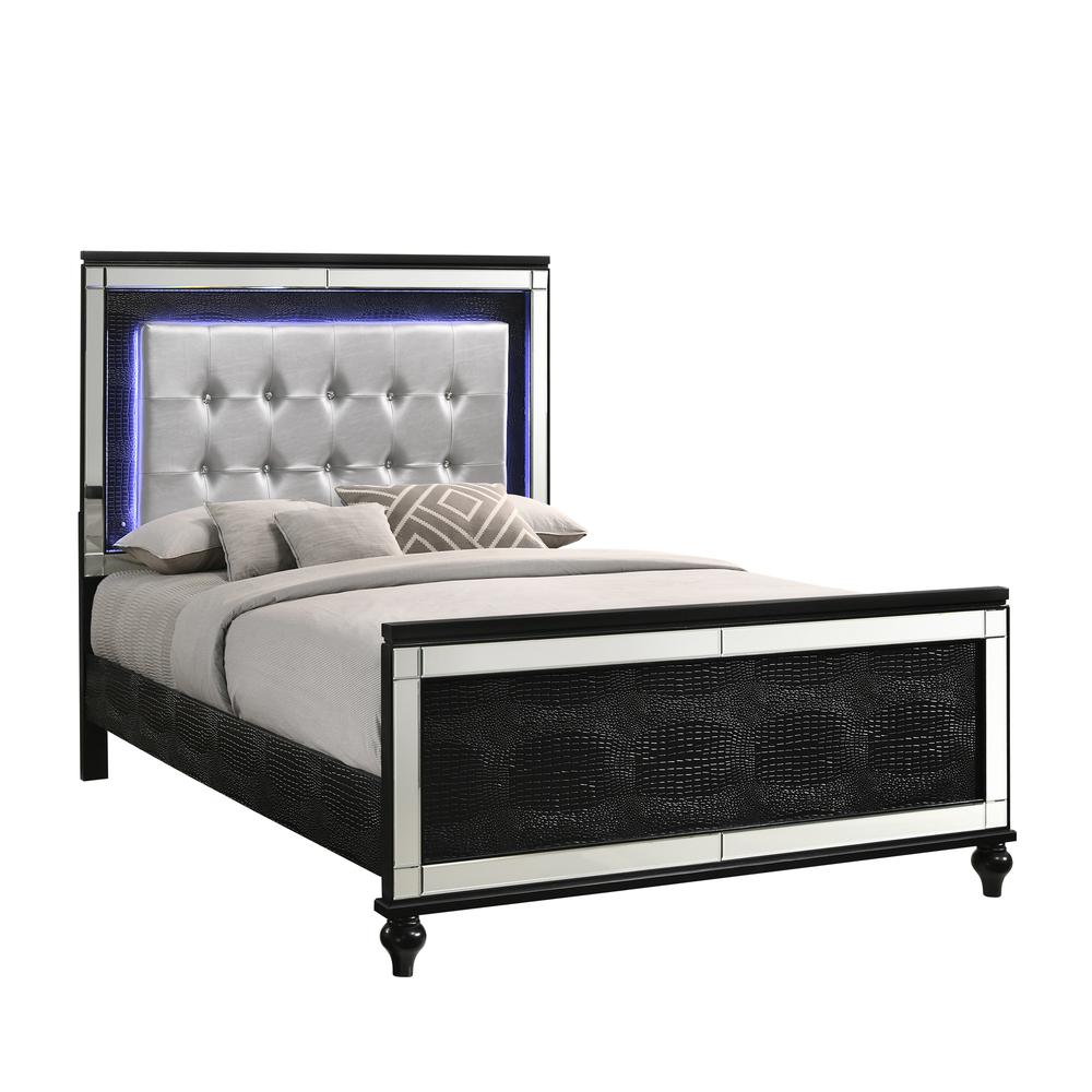 Furniture Valentine Solid Wood Full Size Lighted Bed in Black. Picture 1