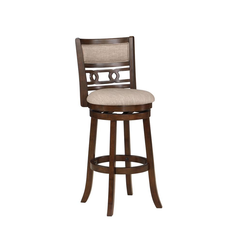 Gia 29" Solid Wood Swivel Bar Stool with Fabric Seat in Cherry. Picture 1