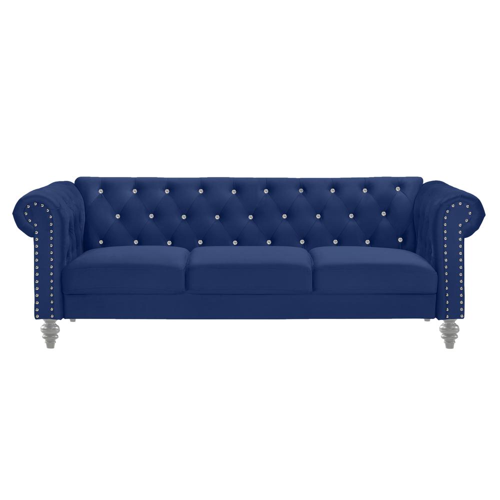 Furniture Emma Velvet Fabric Sofa with Rolled Arms in Royal Blue. Picture 2