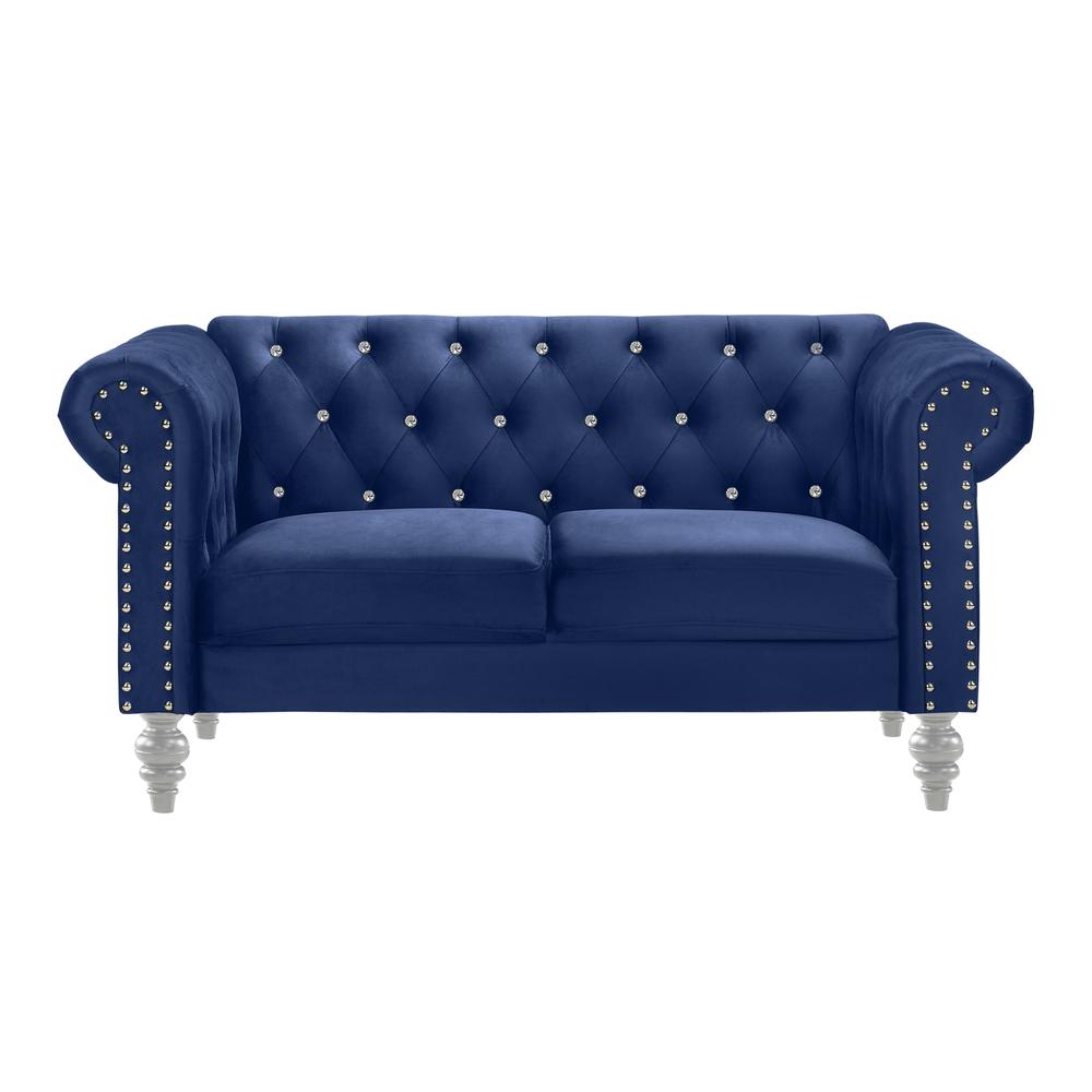 Furniture Emma Velvet Fabric Loveseat with Rolled Arms in Royal Blue. Picture 2