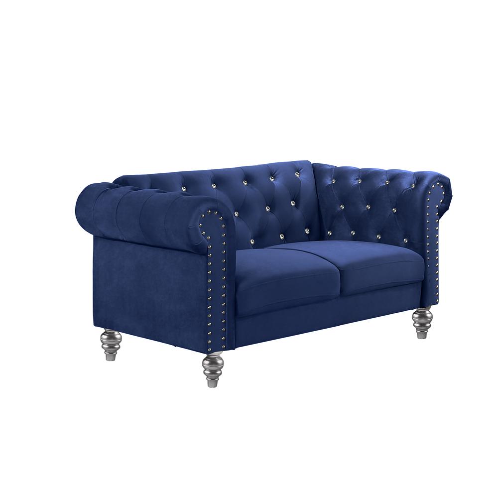 Furniture Emma Velvet Fabric Loveseat with Rolled Arms in Royal Blue. Picture 1