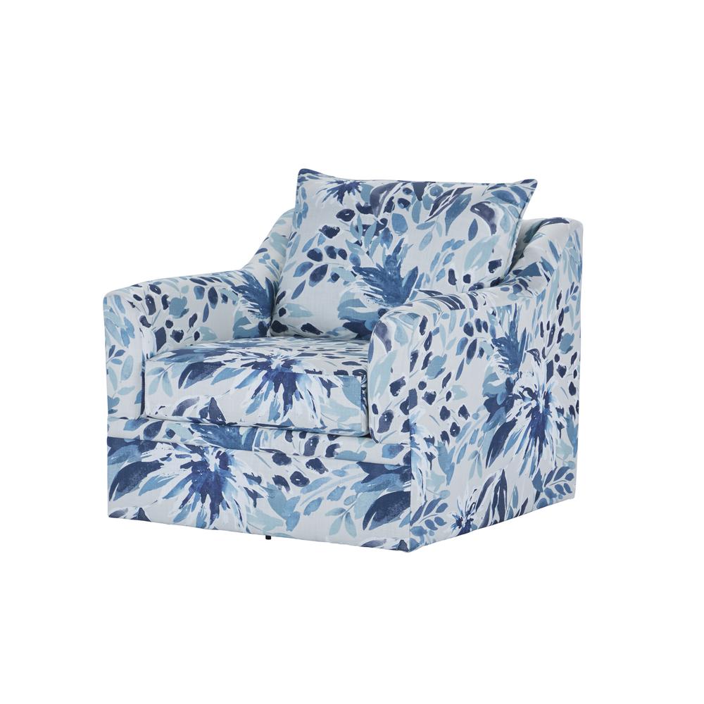Sylvie Blue and White Polyester Fabric Accent Swivel Chair. Picture 1