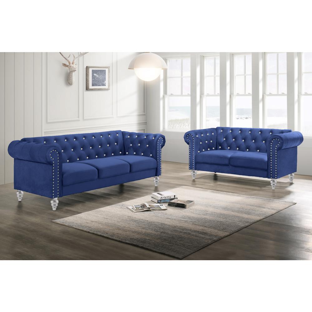 Emma 2-Piece Crystal Velvet Fabric Loveseat & Sofa Set in Royal Blue. Picture 1