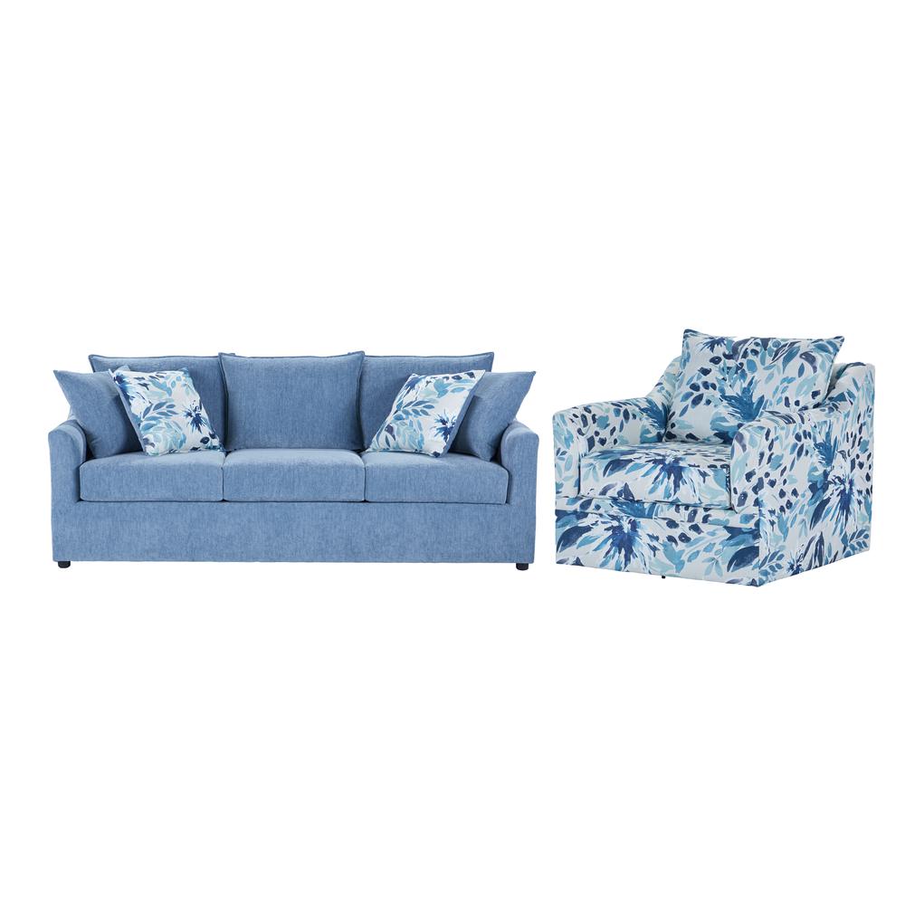 Sylvie Blue and White Polyester Couch and Swivel Chair Set. Picture 1