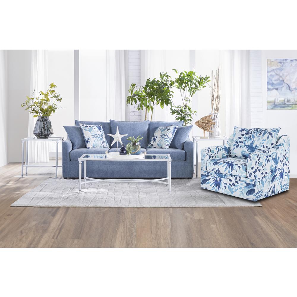 Sylvie Blue and White Polyester Couch and Swivel Chair Set. Picture 4