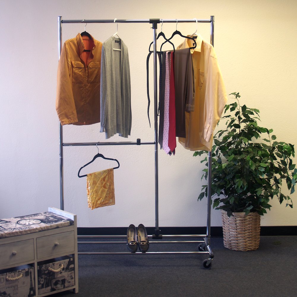 Adjustable garment rack, chrome finish with casters. Picture 6